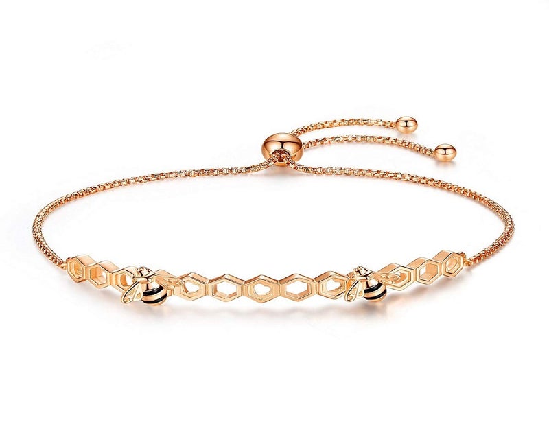 Presentski Bee Honeycomb Bracelet 925 Sterling Silver, Rose Gold Plated Adjustable Jewelry for Women - Image 1